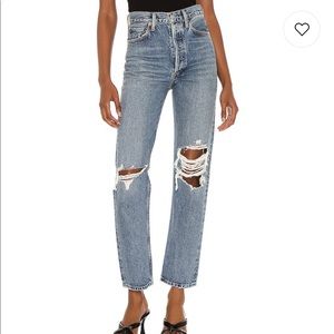 Agolde 90s Pinch Waist High Rise Straight jeans in Backdrop color.